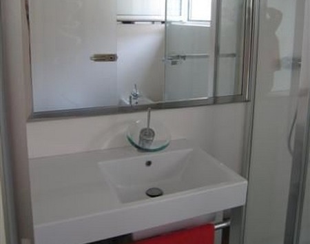 Umyvadlo a sprchový kout s prosklenou stěnou.