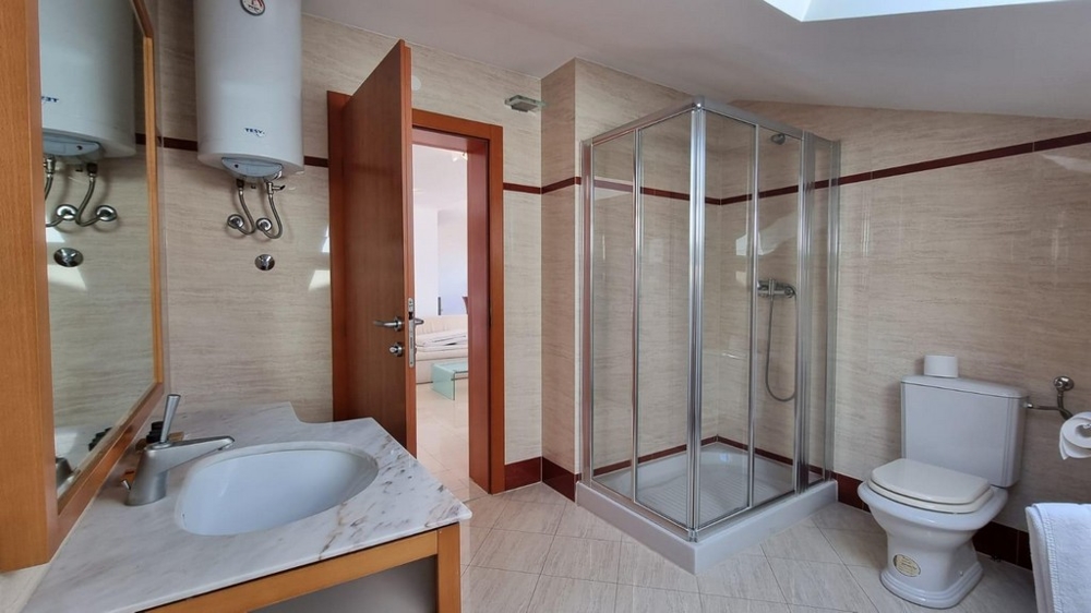 Koupelna se sprchovým koutem.