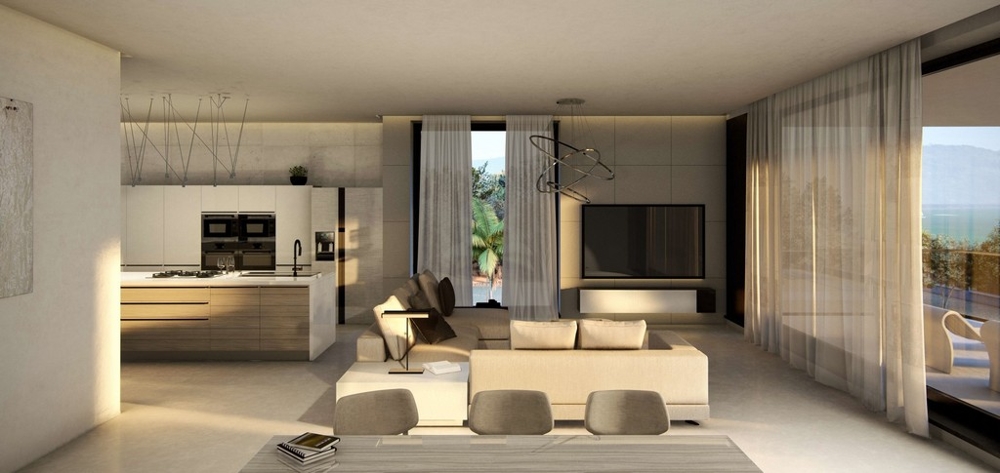 Moderně řešený obývací a jídelní kout.