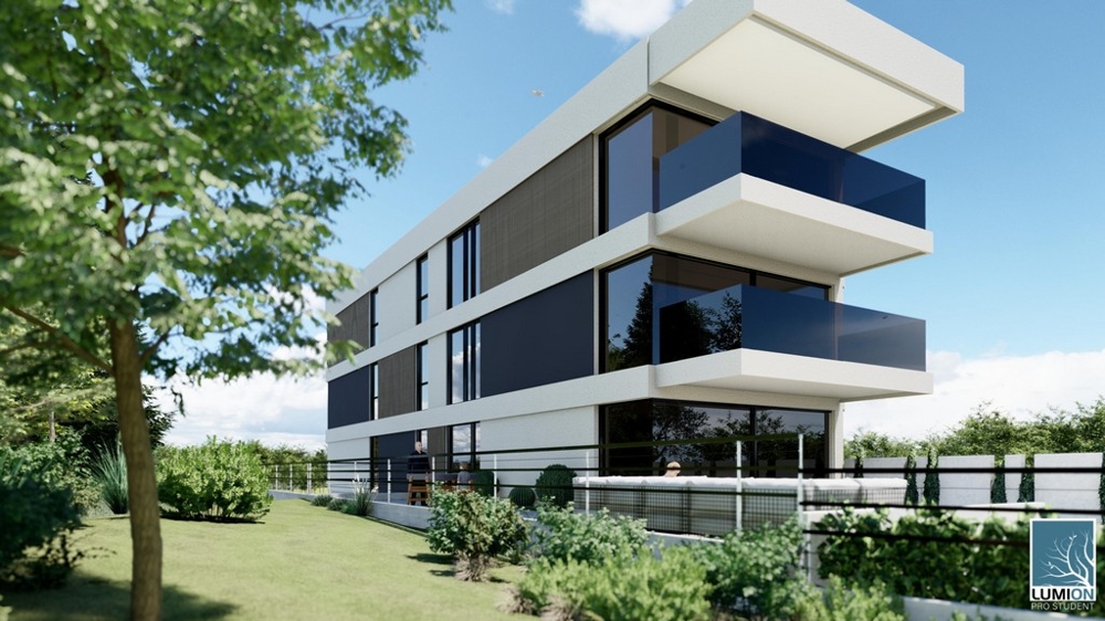 Moderní činžovní dům jako nemovitost v Chorvatsku s velkými okny a zelenou zahradou