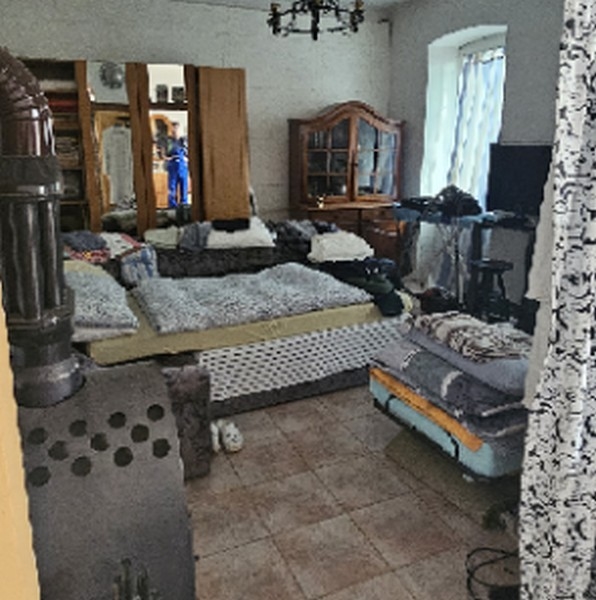 Obývací pokoj s několika pohovkami a kamny na dřevo, zrcadlem a televizí