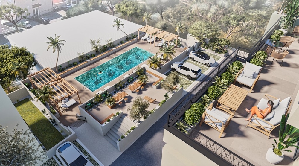 Nemovitosti v Chorvatsku, Makarska, apartmán s výhledem na moře: pohled z ptačí perspektivy na moderní rezidenční komplex s bazénem, ​​sluneční terasou a parkovacím místem