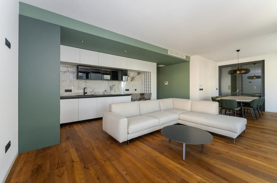 Otevřený obývací pokoj s kuchyní, dřevěná podlaha, zelená stěna