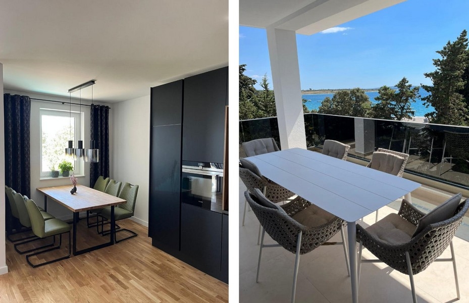 Jídelna a kuchyně, stejně jako výhled na terasu s výhledem na moře.