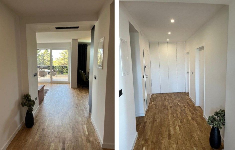 Předsíň a vstupní prostor s vestavěnými skříněmi.