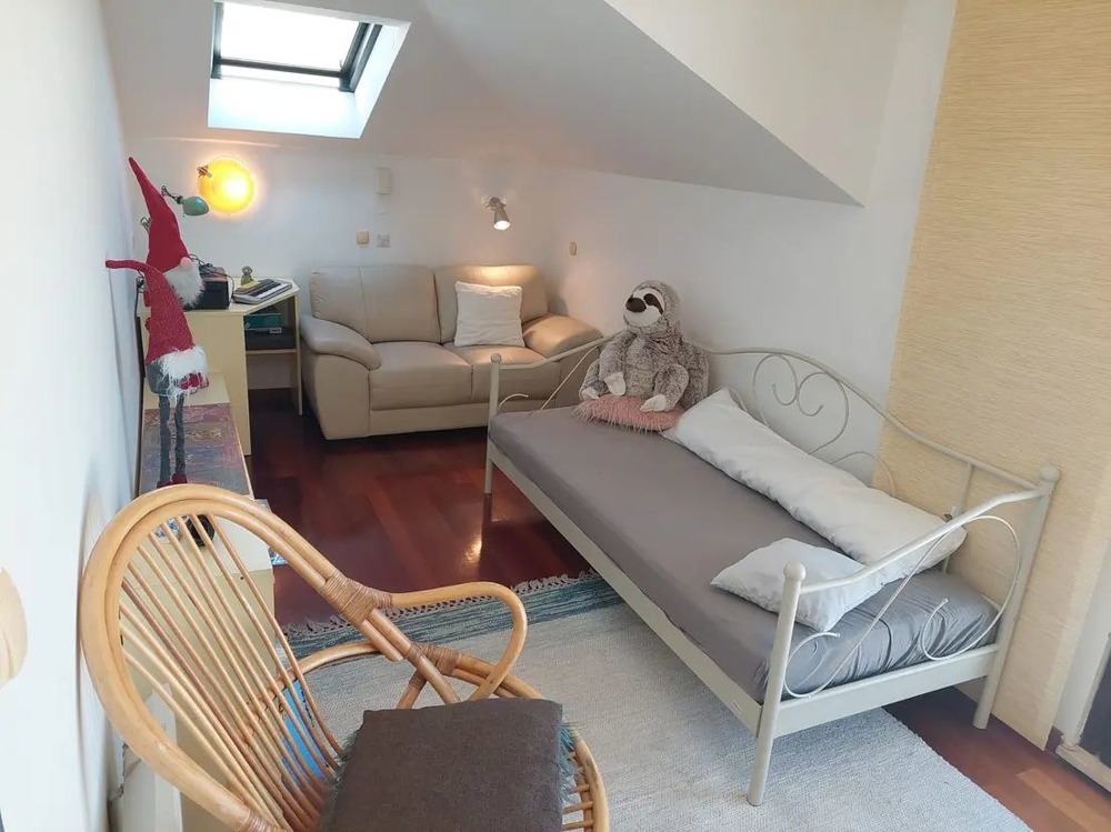 Pokoj s pohovkou, střešním oknem, postelí a dekoracemi