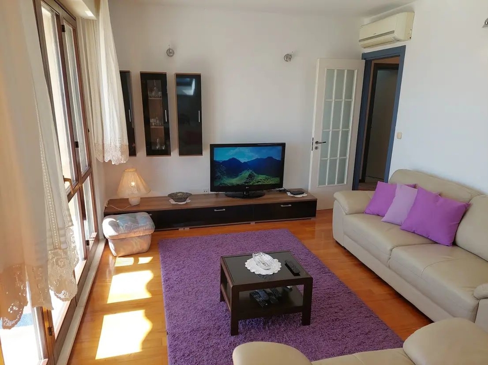 Obývací pokoj s pohovkou, televizí, fialovými polštáři a kobercem, velká okna