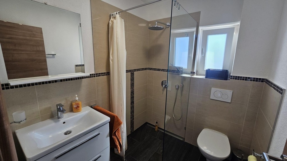 Moderní koupelna se sprchovým koutem.