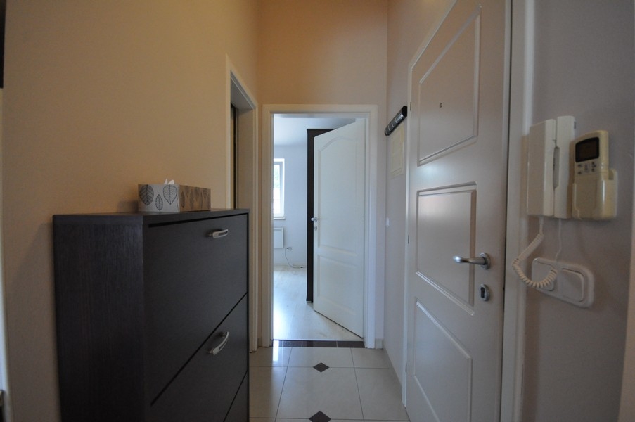 Předsíň s bílými dveřmi, tmavá skříň a domácí telefon na stěně, přístup do různých místností