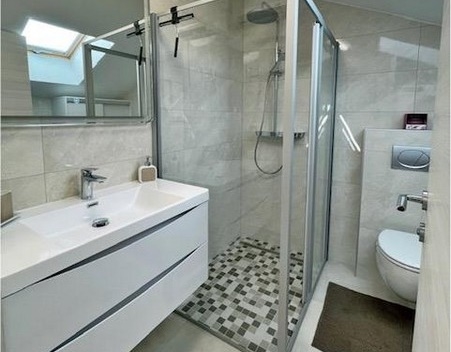 Moderní koupelna se sprchovým koutem a umyvadlem.