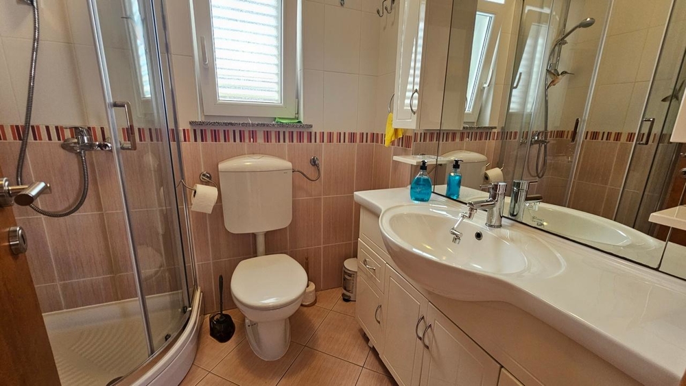 Koupelna se sprchovým koutem a umyvadlem