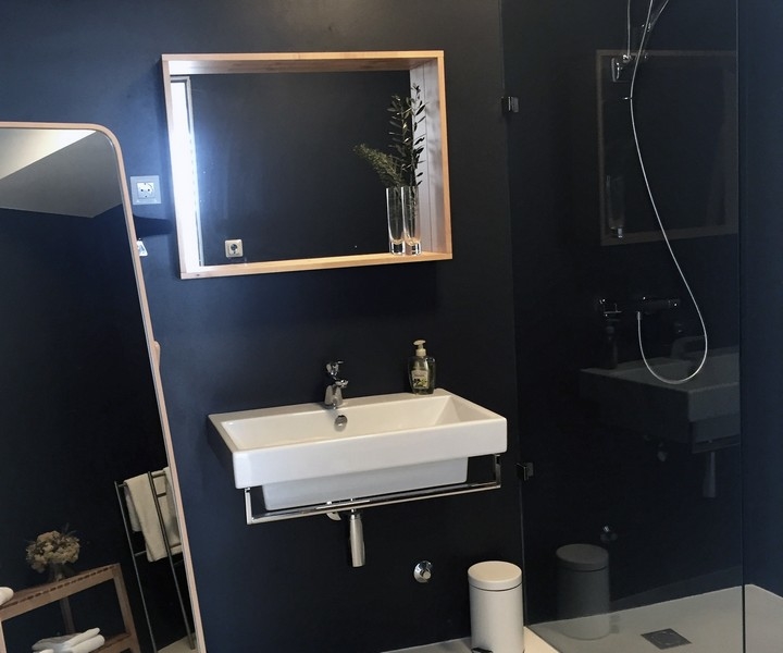 Moderní koupelna s černou stěnou a sprchovým koutem