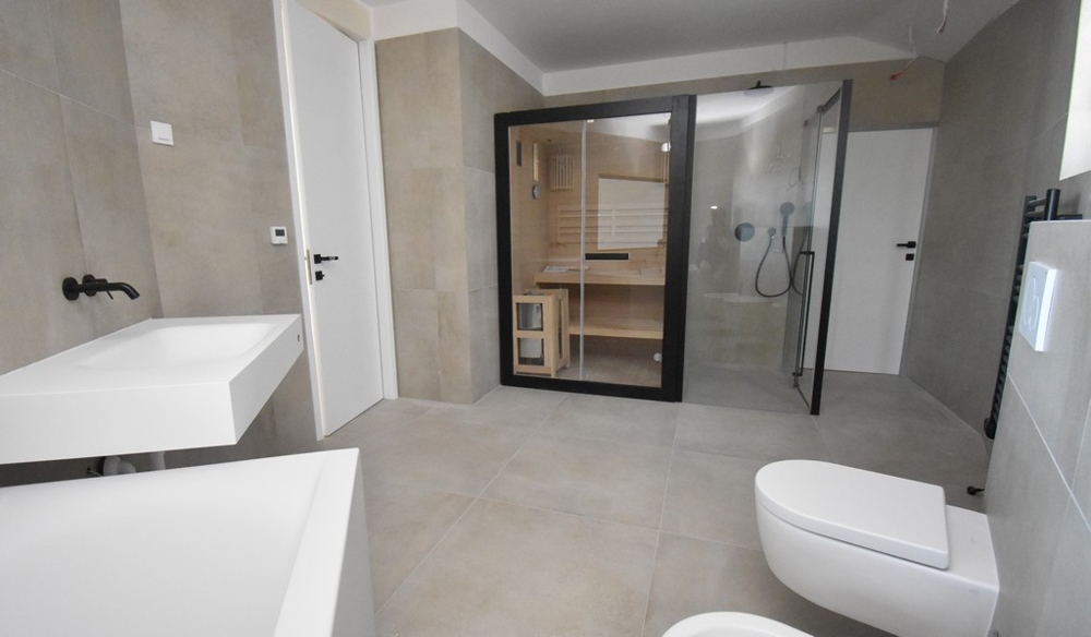 Moderní koupelna se saunou a sprchovým koutem