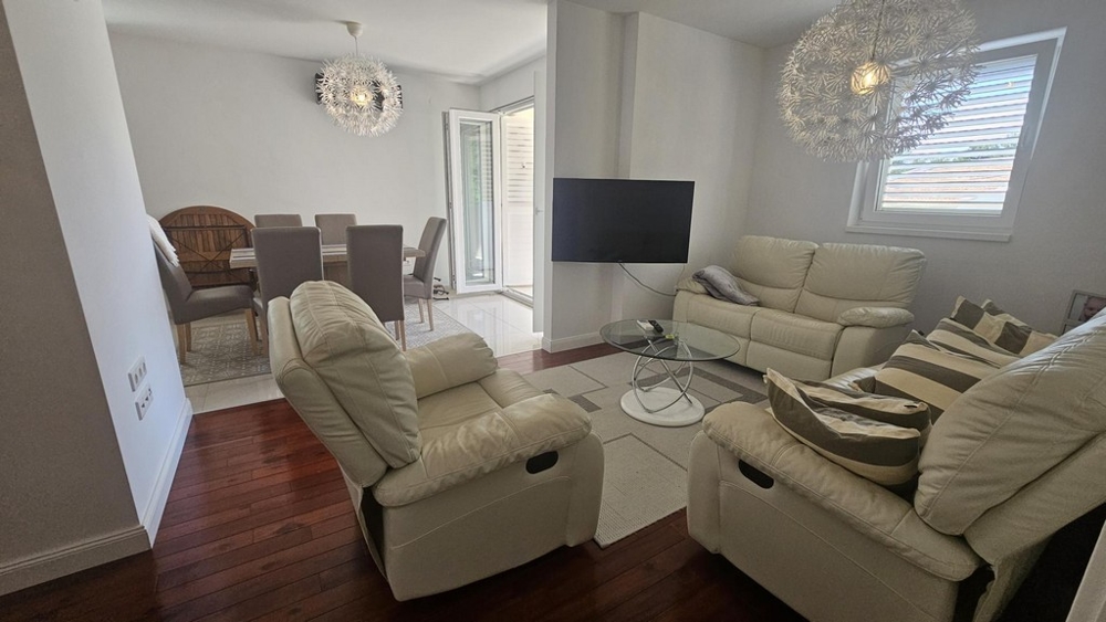 Obývací pokoj s koženou pohovkou a TV