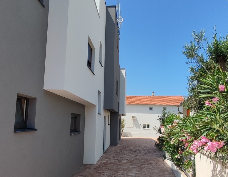 Vchod do domu s moderní fasádou a oleandrem