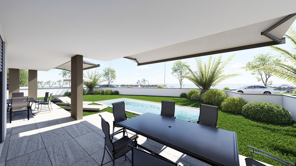 Vizualizace zastřešené terasy se zahradou a bazénem