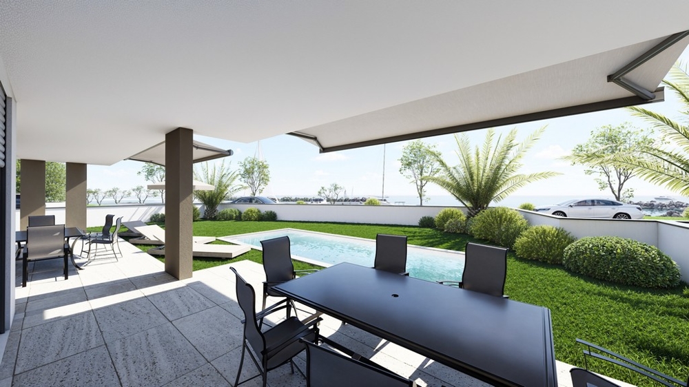 Vizualizace terasy s bazénem a zelení venkovní plochy