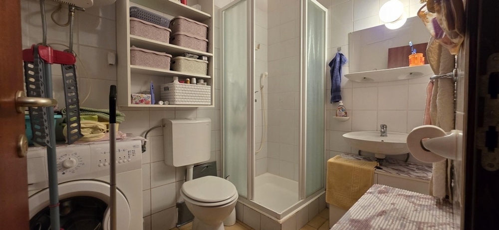 Koupelna se sprchovým koutem, toaletou a pračkou