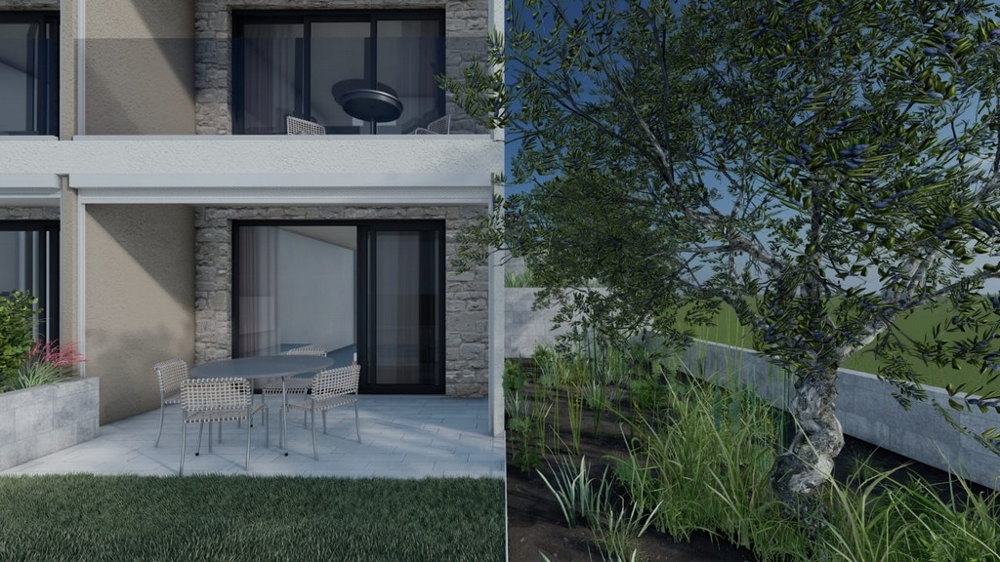 Terasa v přízemí s posezením a zahradou