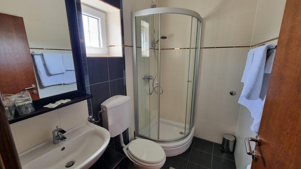 Koupelna s tmavými obklady a sprchovým koutem.