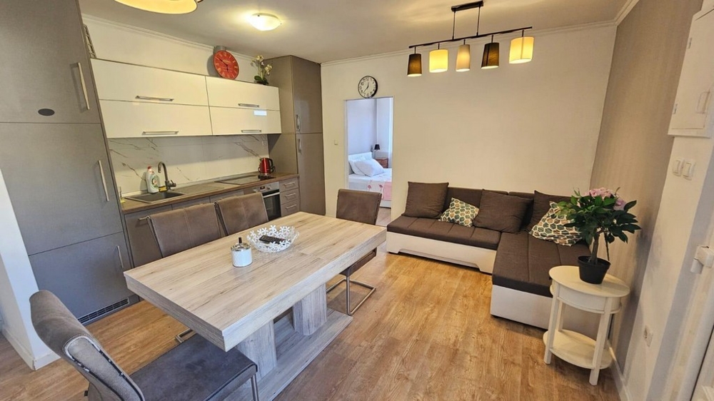 Obývací pokoj s kuchyní a jídelním koutem.