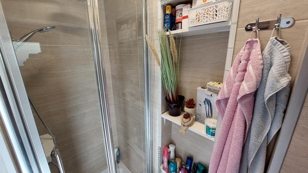 Koupelna se sprchovým koutem.