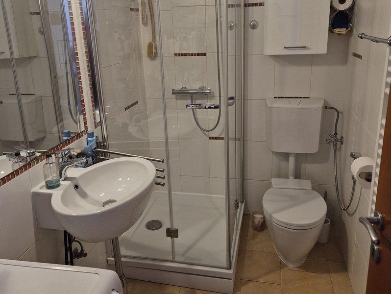 Koupelna se sprchovým koutem a pračkou