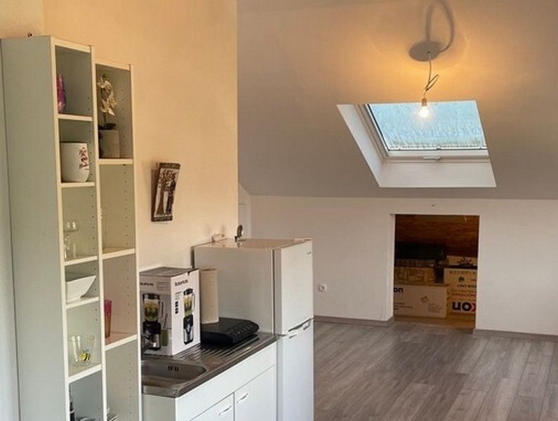 Obývací část s kuchyňským koutem a střešním oknem