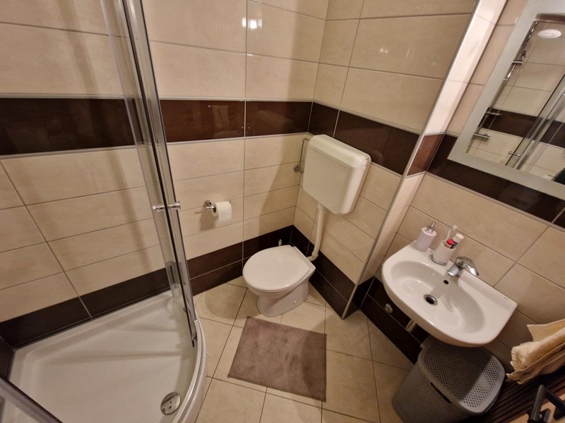 Koupelna se sprchovým koutem a umyvadlem