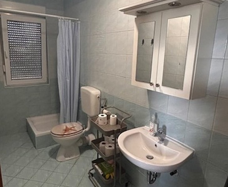 Koupelna se sprchovým koutem, umyvadlem a oknem