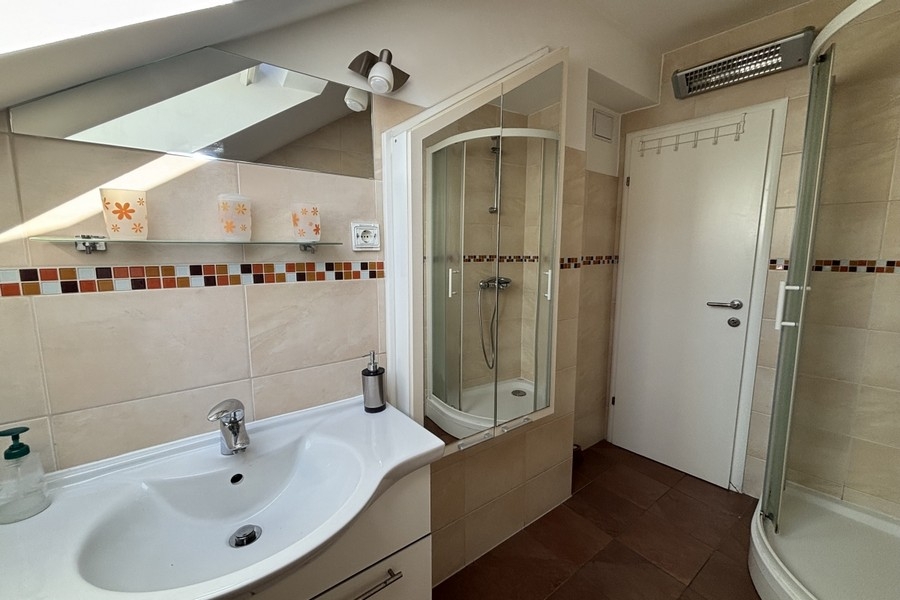 Koupelna se sprchovým koutem.