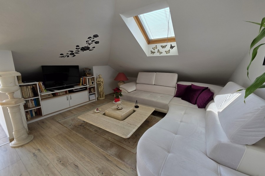 Obývací část s gaučem.