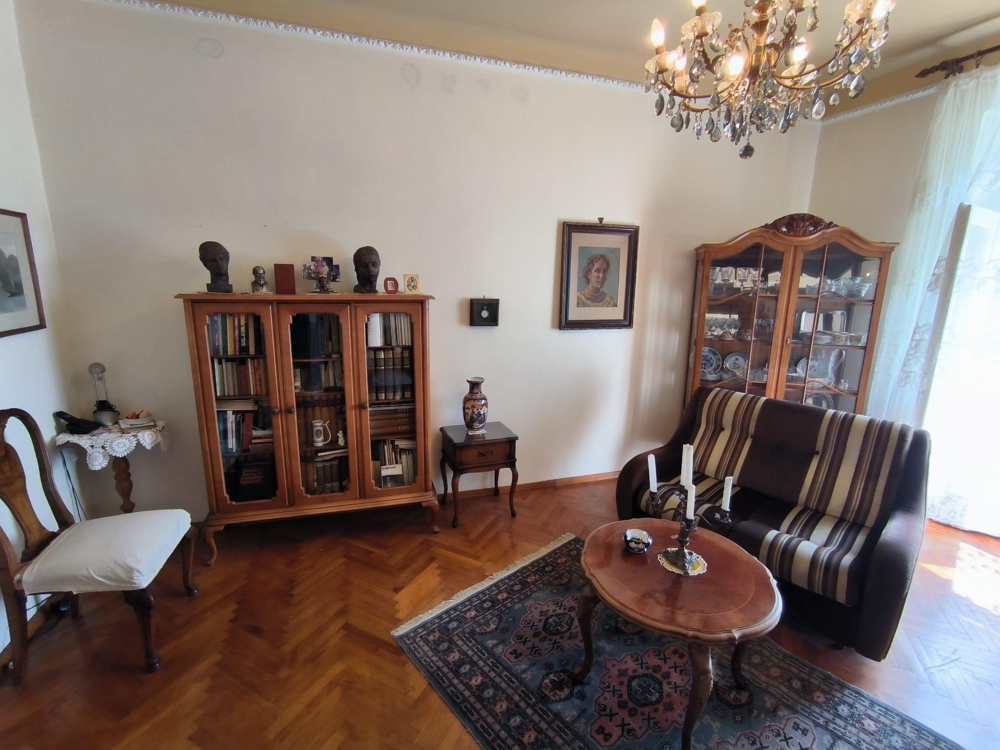 Obývací pokoj s klasickým nábytkem a lustrem