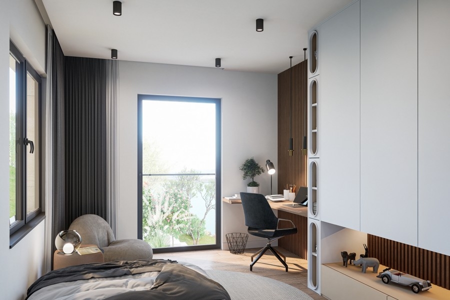 Světlá ložnice s moderním interiérem