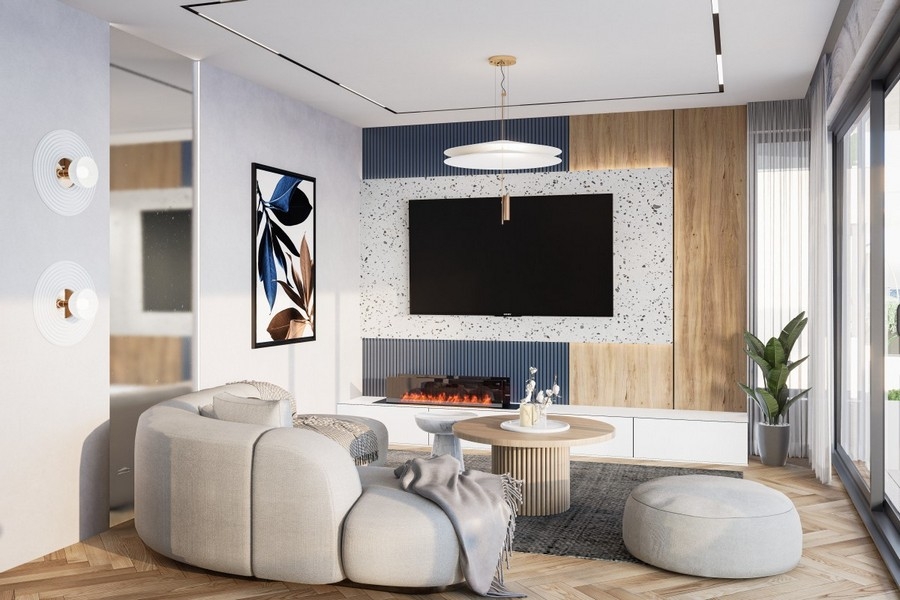 Moderní obývací pokoj s krbem a designovým nábytkem