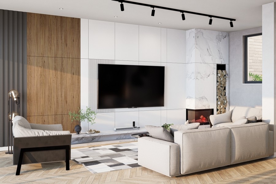 Vysoce kvalitní obývací pokoj s designovým krbem