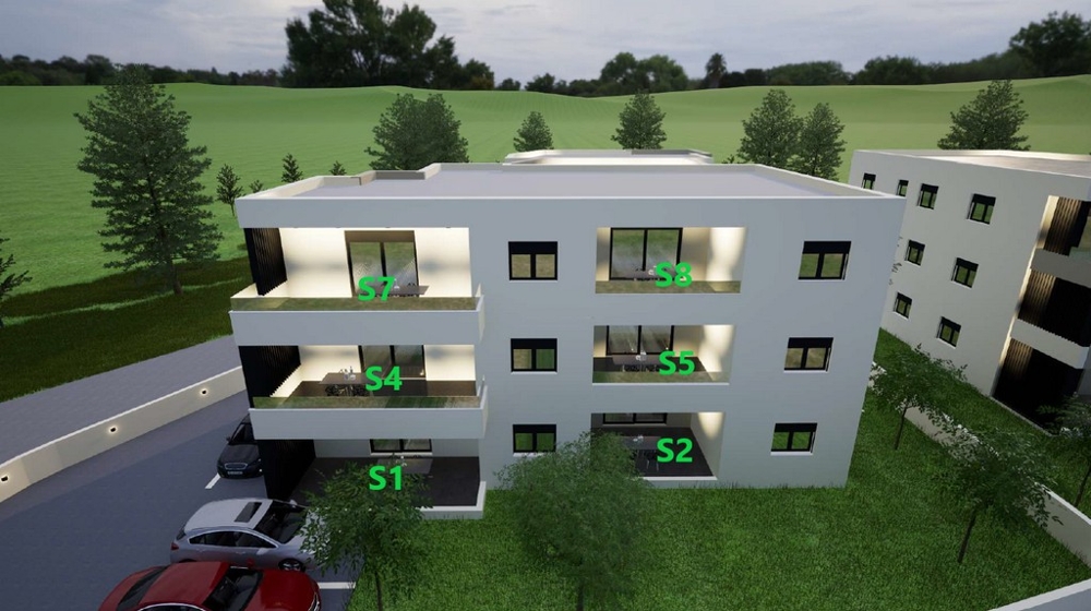 Vizualizace novostavby s parkovacími místy před budovou