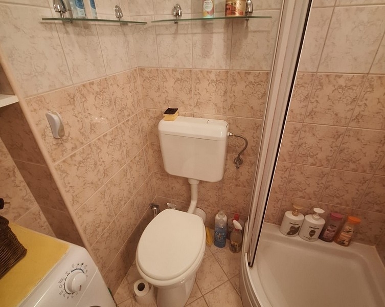 Koupelna se sprchovým koutem, toaletou a pračkou