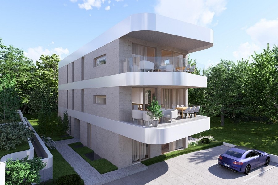 Penthouse na Krku, výhled na novostavbu se zastřešenými balkony