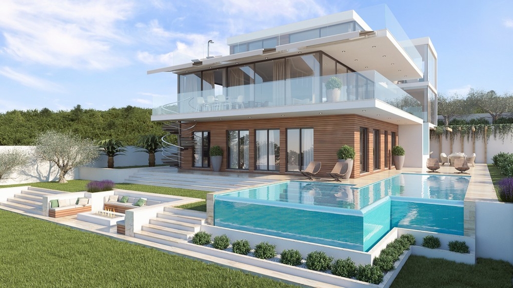 Nová budova na okraji malého města v Chorvatsku, kde se nemovitost nachází s výhledem na moře