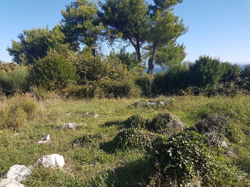 Pohled na příjezdovou cestu k pozemku a výhled na moře - Prodám stavební pozemek v Chorvatsku.