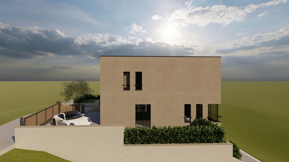 Boční pohled na plánovanou vilu na stavební parcele Šolta