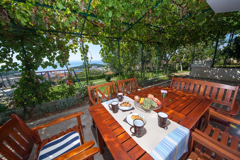 Zastíněná terasa s jídelním koutem v zahradě vily.