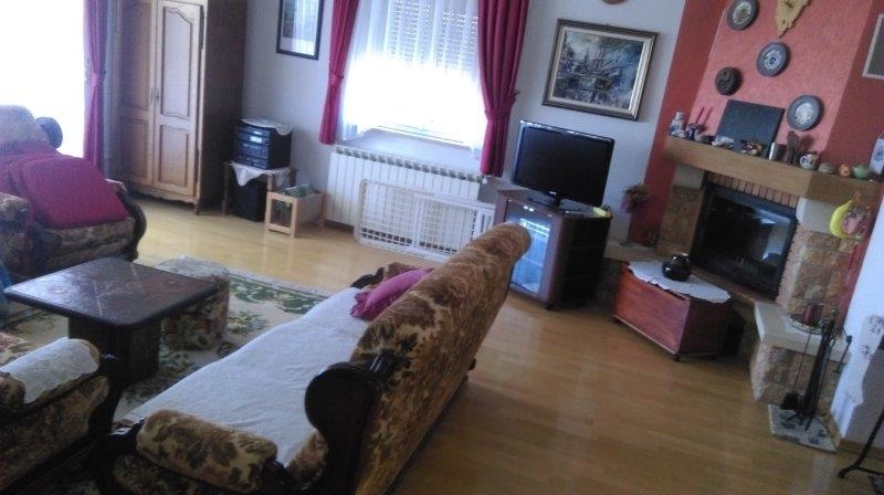 Zařízený obývací pokoj s krbem.