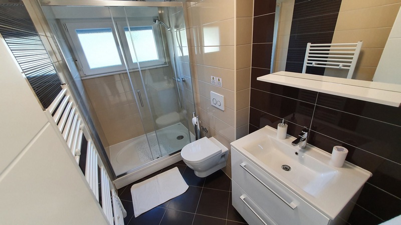 Koupelna se sprchovým koutem.