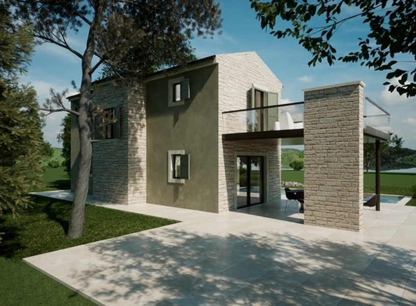 Detail nemovitosti na Istrii s šedou fasádou a červeným podzimním listím v popředí.