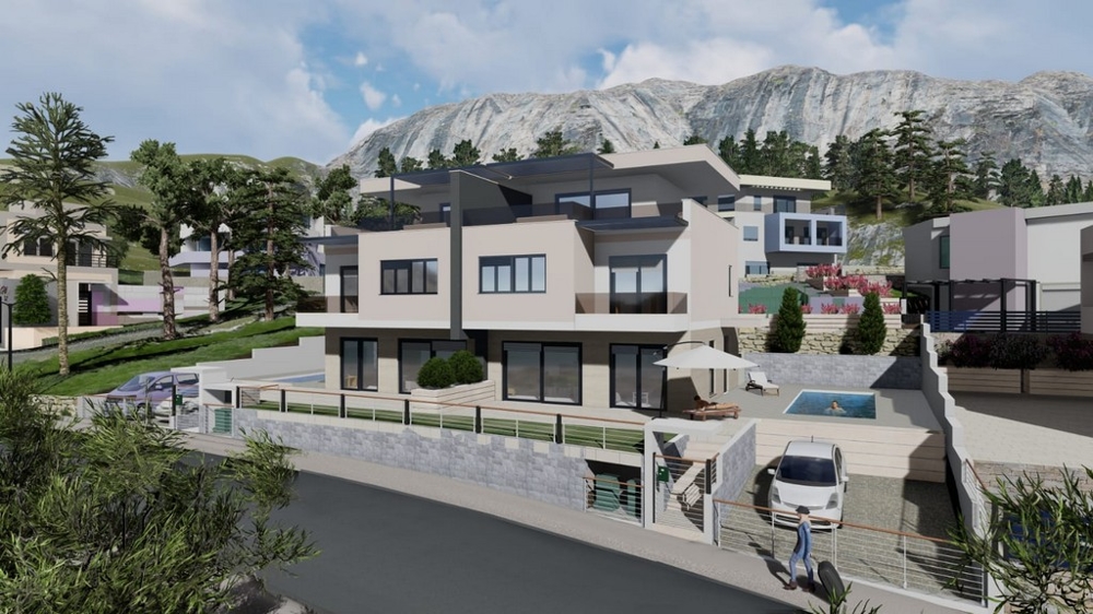 3D vizualizace dvojdomu s bazénem H2147 v Makarské.