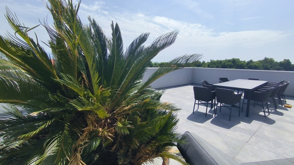 Střešní terasa s posezením a palmami