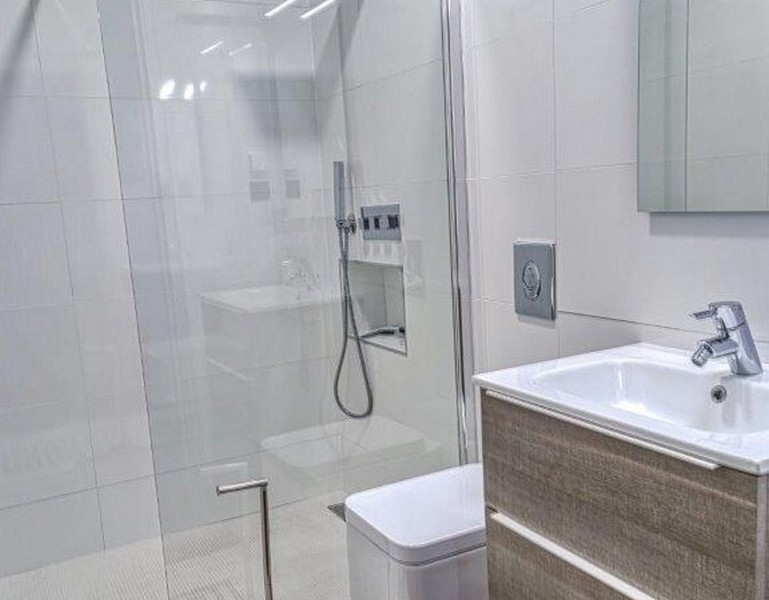 Koupelna se sprchovým koutem.