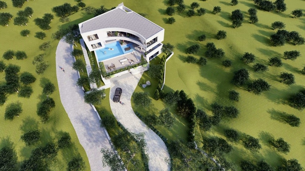 Letecký pohled na designově orientovanou vilu v Chorvatsku s bazénem a prostornou zahradou, daleko od shonu, pro náročné kupující - luxusní nemovitost v Chorvatsku.